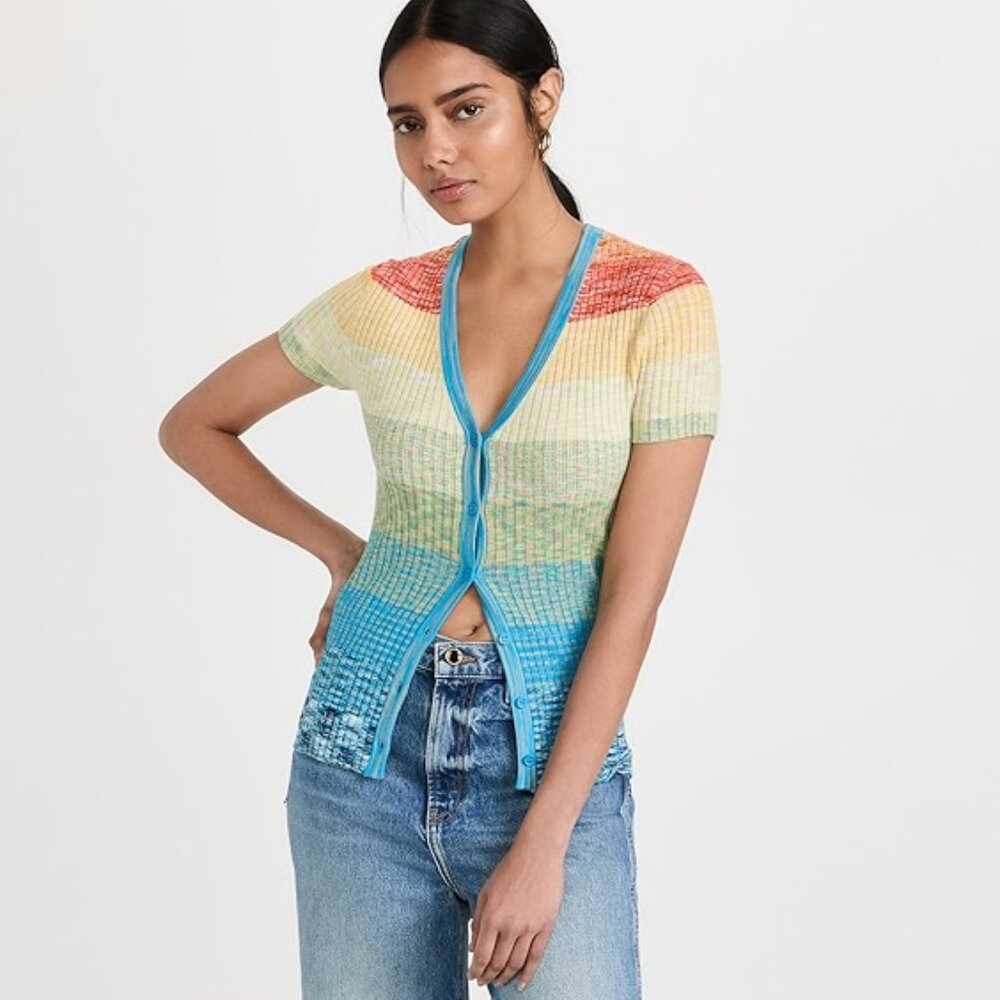 STAUD Short Sleeved Cargo Sweater in Rainbow Multi, Size L, NWT - Picture 2 of 10